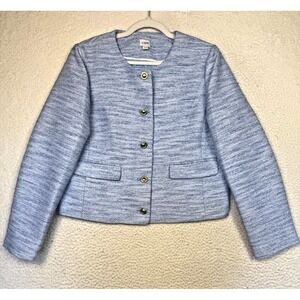 J Crew Blazer Jacket Womens 14 Blue Tweed Collarless Short Business Jackie O